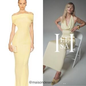 NWT Helsa Maxi Dress Aaliyah Butter Yellow Knit Cowl Neck Off Shoulder size M